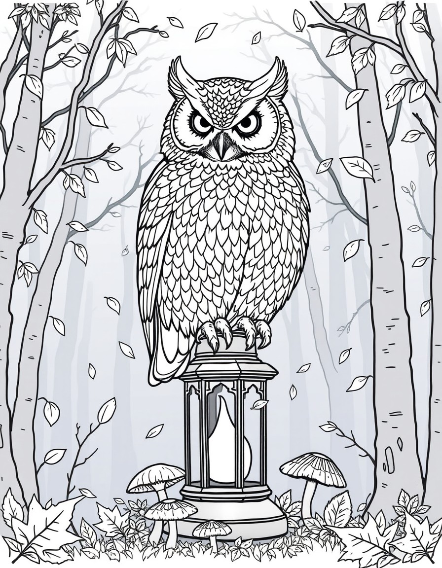 A majestic owl perched on an old lantern in a foggy forest, surrounded by falling autumn leaves and glowing mushrooms at the base, feathers highly detailed with layered patterns and fine textures, dre