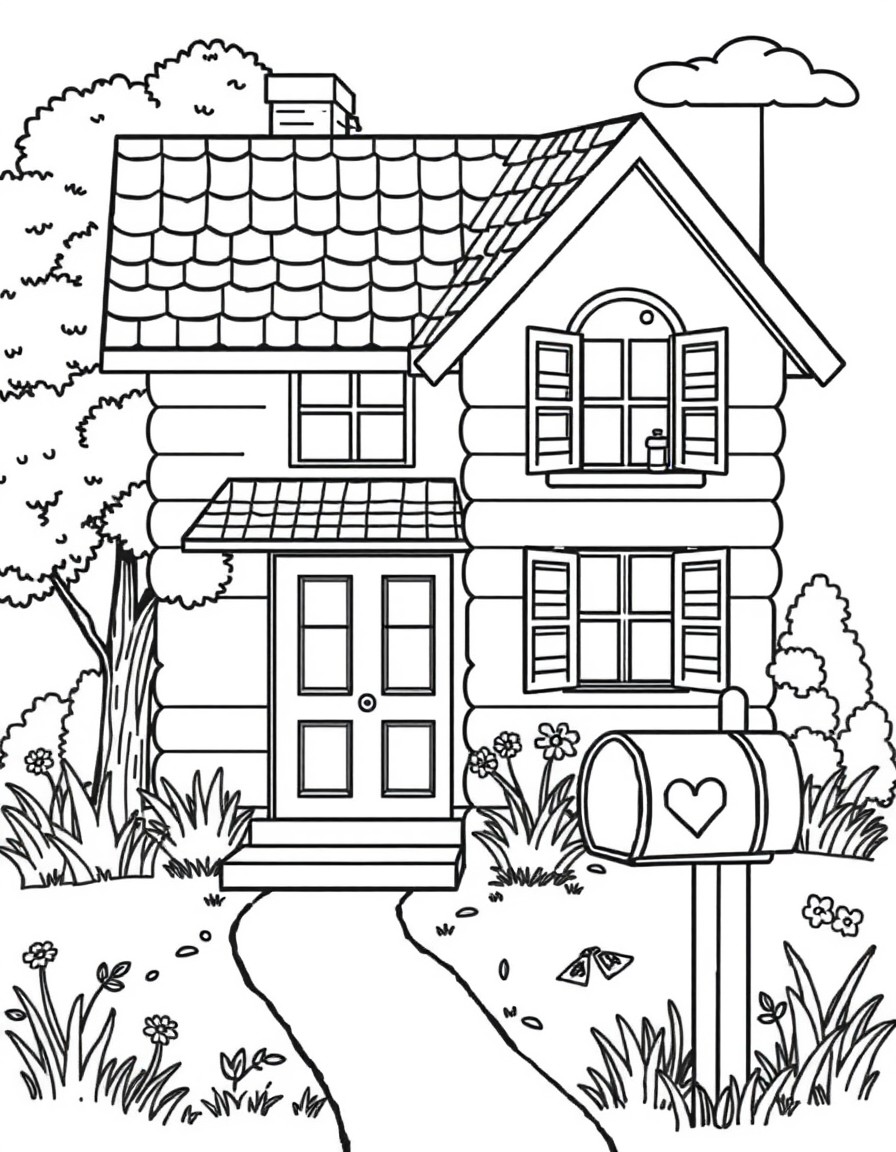 A private house with a roof, door and windows wide open. Near the house there is grass, flowers and a tree. and a mailbox with a letter with a heart.