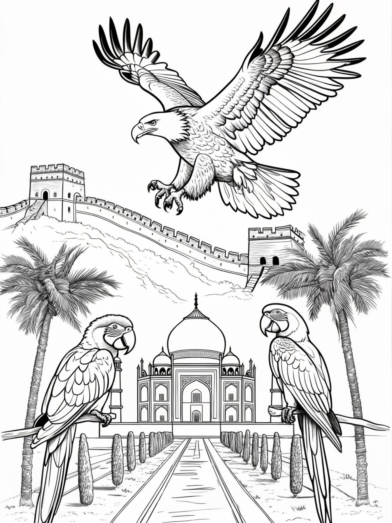 Bald Eagle flying above the Great Wall of China, black and white, line art, bold outlines, no shading, coloring book page Two parrots perched on a palm tree in front of the Taj Mahal, black and white,