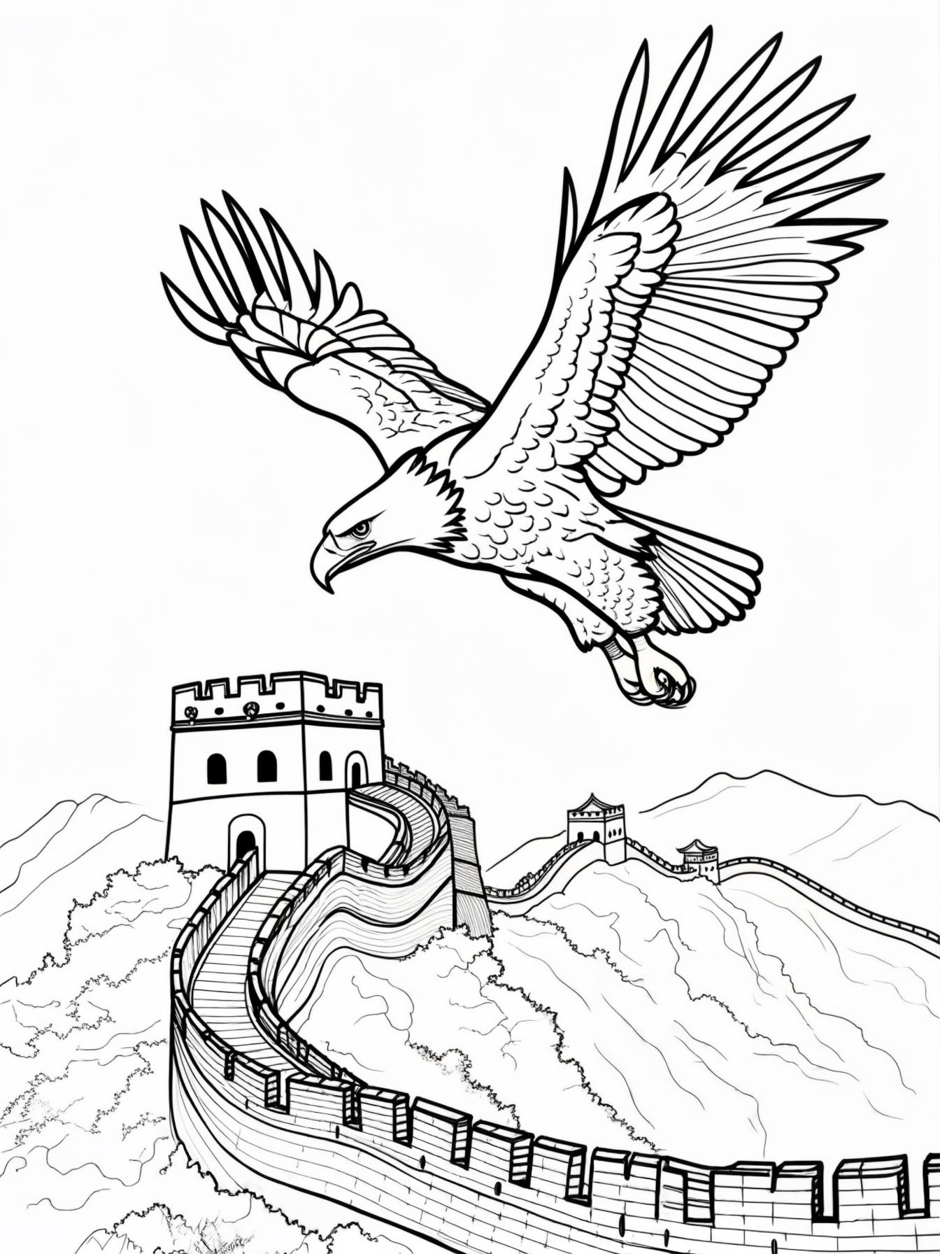 Bald Eagle flying above the Great Wall of China, black and white, line art, bold outlines, no shading, coloring book page