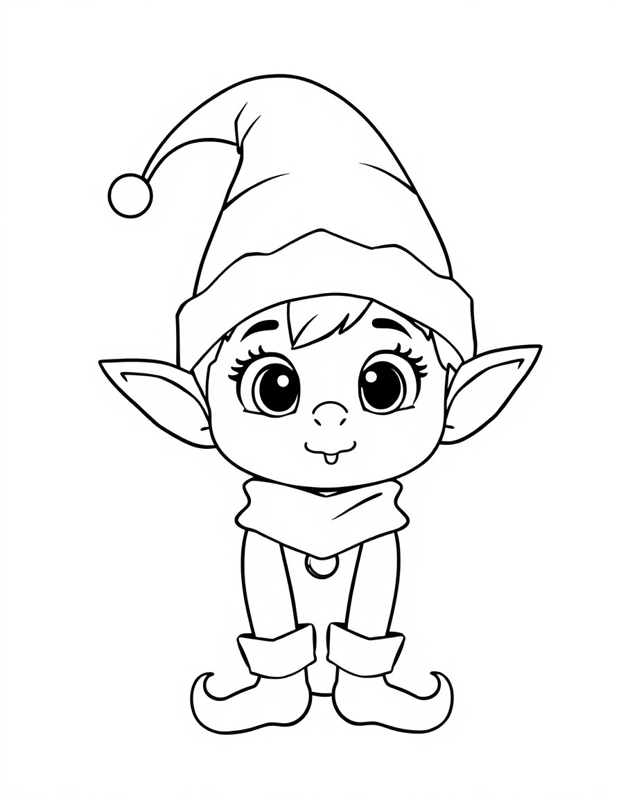 Minimalist, bold lines, lots of white space, coloring page for small children, of an cute Christmas elf child like features with large eyes