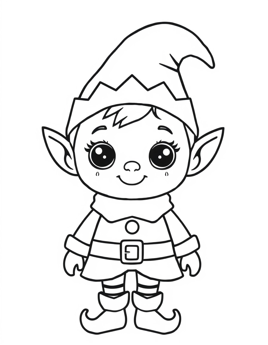 Minimalist, bold lines, lots of white space, coloring page for small children, of an cute Christmas elf child like features with large eyes