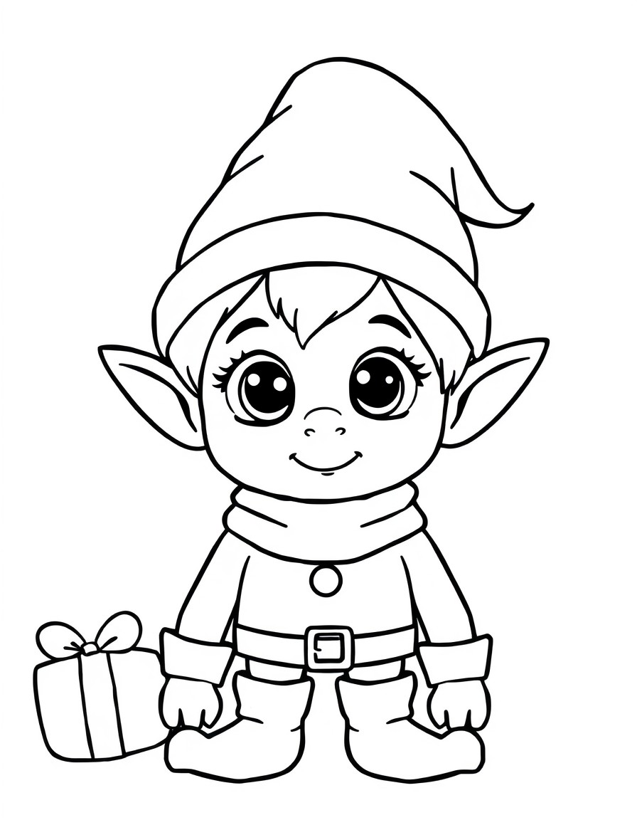 Minimalist, bold lines, lots of white space, coloring page for small children, of an cute Christmas elf child like features with large eyes