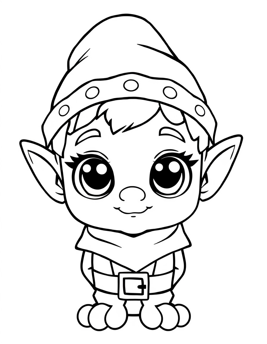 Minimalist, bold lines, lots of white space, coloring page for small children, of an cute Christmas elf child like features with large eyes