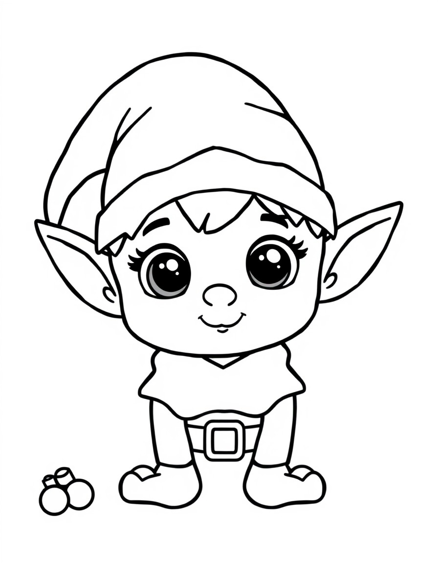 Minimalist, bold lines, lots of white space, coloring page for small children, of an cute Christmas elf child like features with large eyes