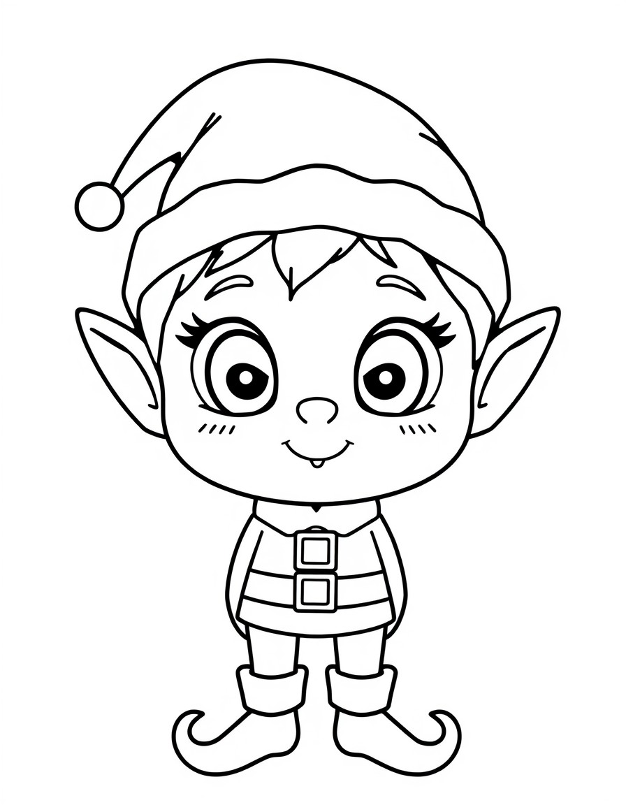 Minimalist, bold lines, lots of white space, coloring page for small children, of an cute Christmas elf child like features with large eyes