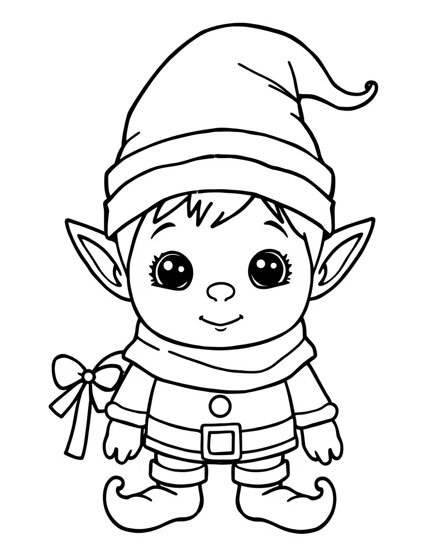 Minimalist, bold lines, lots of white space, coloring page for small children, of an cute Christmas elf child like features with large eyes