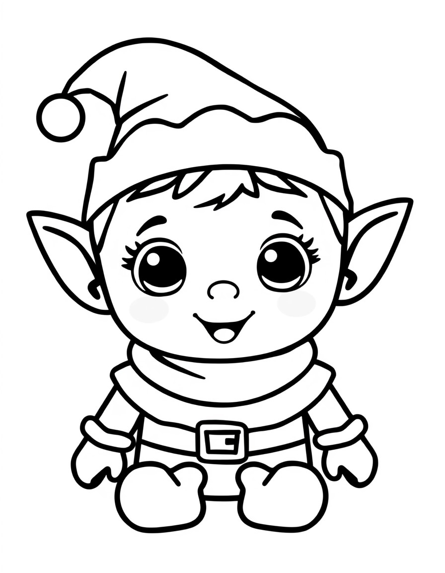 Minimalist, bold lines, lots of white space, coloring page for small children, of an cute Christmas elf child like features with large eyes