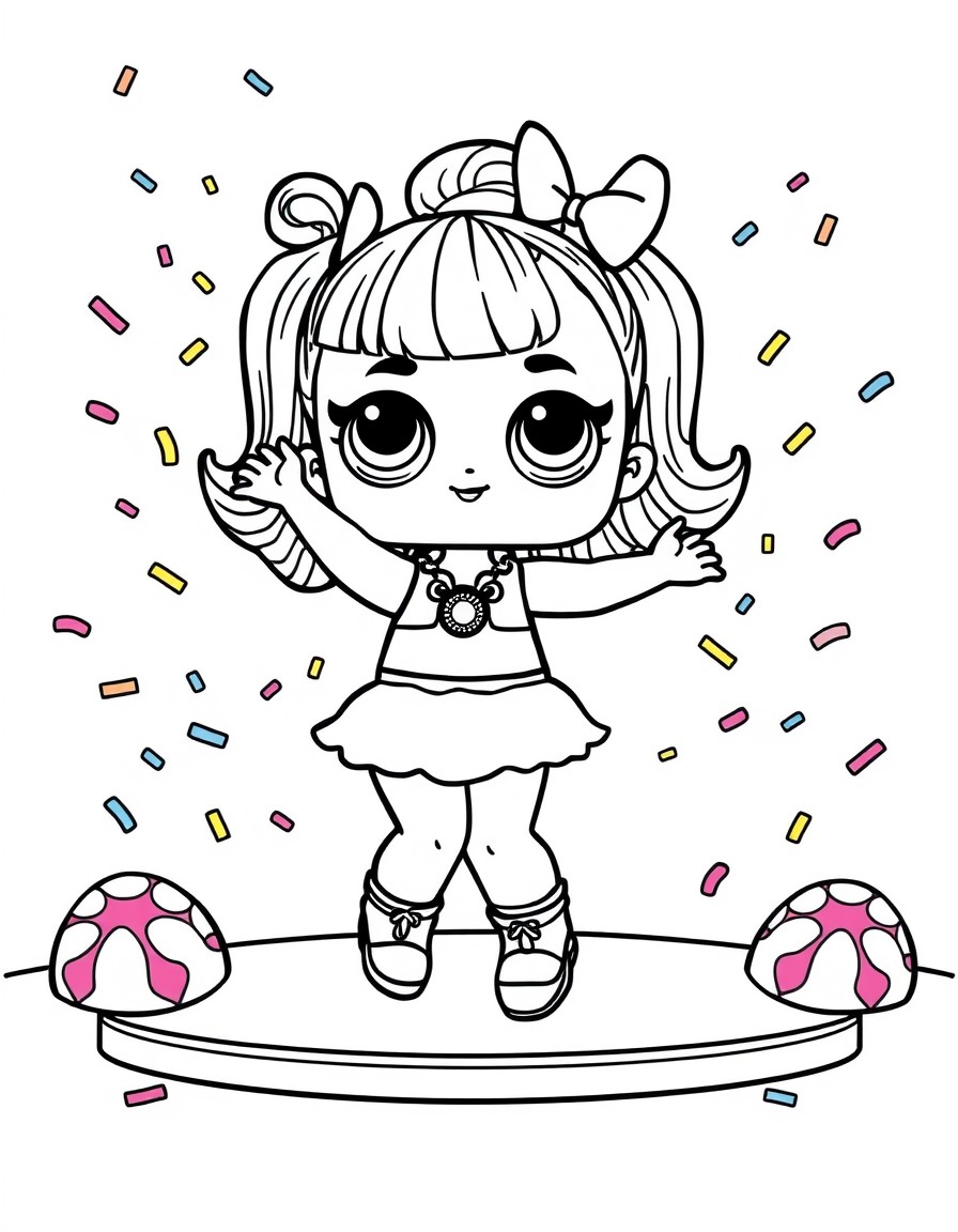 LOL Surprise doll dancing on a bright candy stage with colorful confetti falling around her