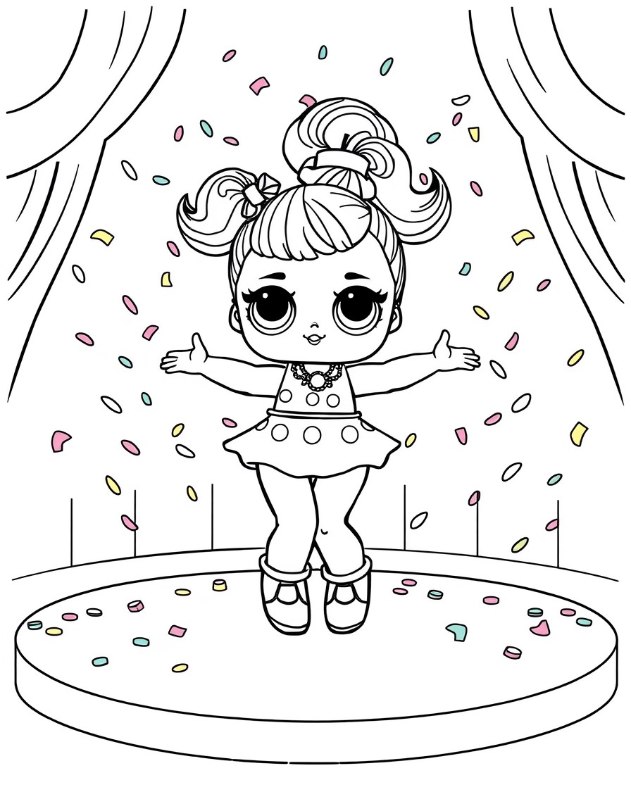 LOL Surprise doll dancing on a bright candy stage with colorful confetti falling around her