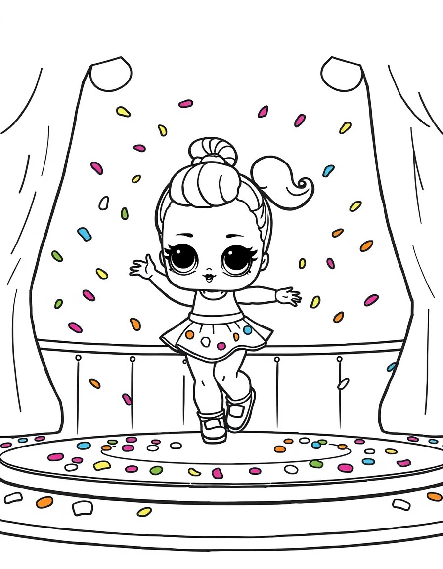 LOL Surprise doll dancing on a bright candy stage with colorful confetti falling around her