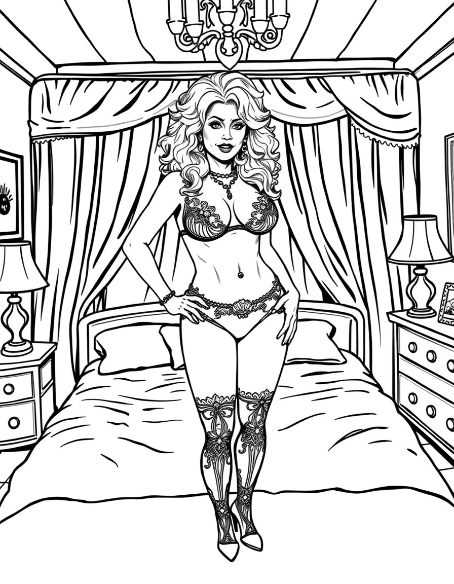 Dolly Parton bare top in panties standing in her bedroom