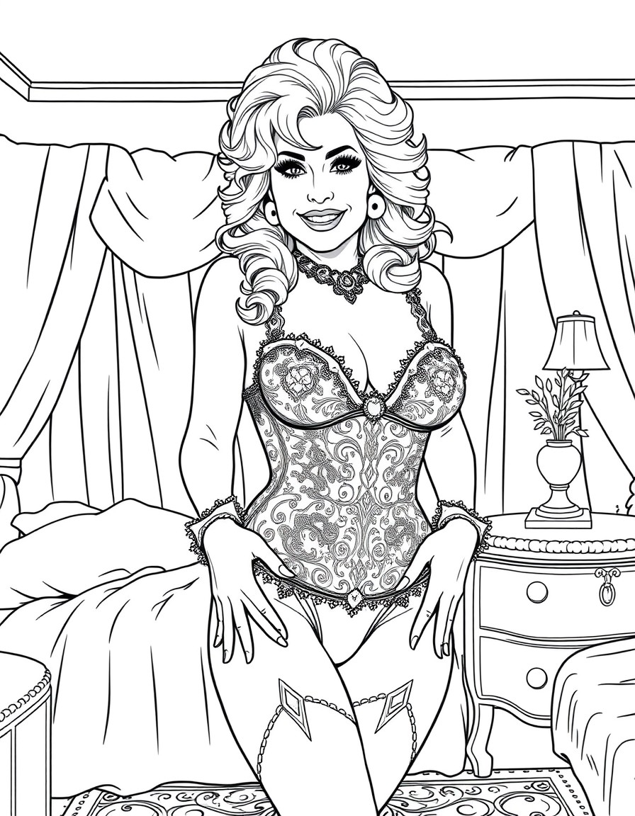 Dolly Parton in lingerie standing in her bedroom with a seductive smile