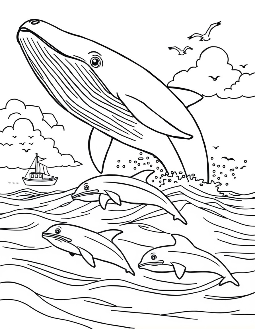 A big whale jumping out of water with some dolphins that swimming around her and some wind boat in the background and birds on the cloudy sky