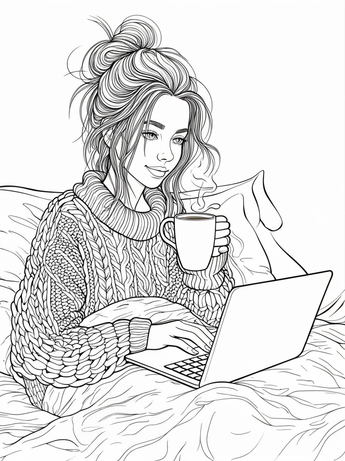 A young woman with long wavy hair in a messy bun, wearing a chunky cable-knit sweater, sits on her bed wrapped in a thick knitted blanket. Shes typing on a laptop while holding a steaming coffee mug.