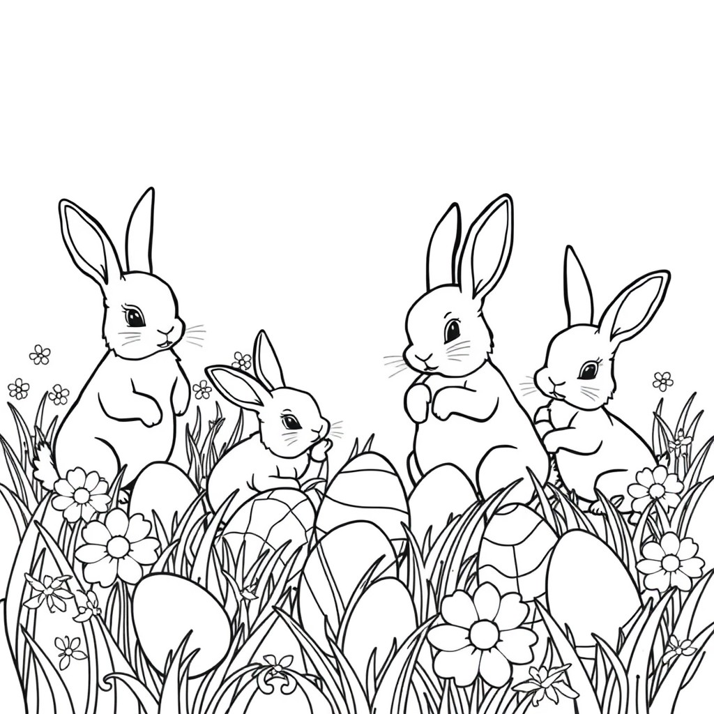 A family of rabbits playing in a field of Easter eggs