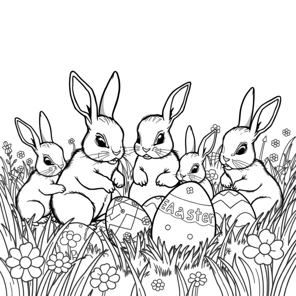 A family of rabbits playing in a field of Easter eggs