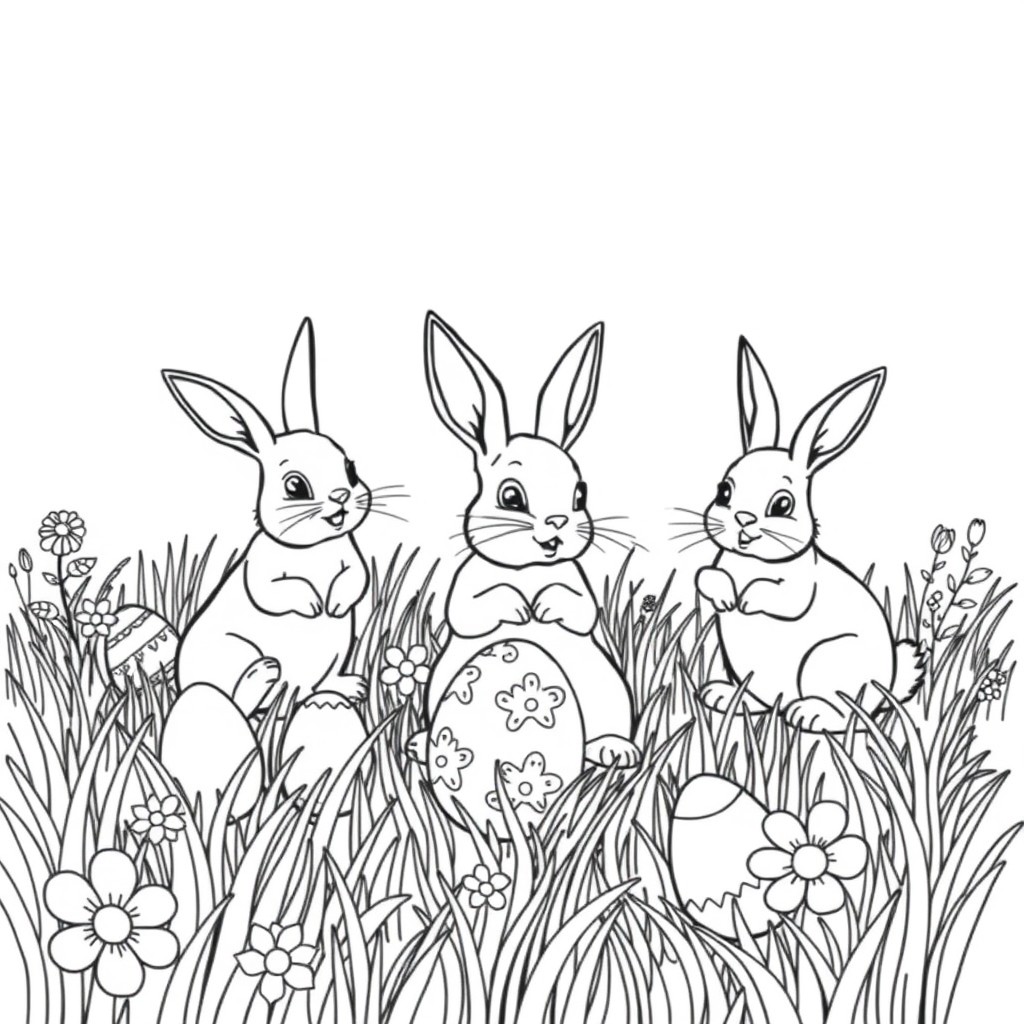 A family of rabbits playing in a field of Easter eggs
