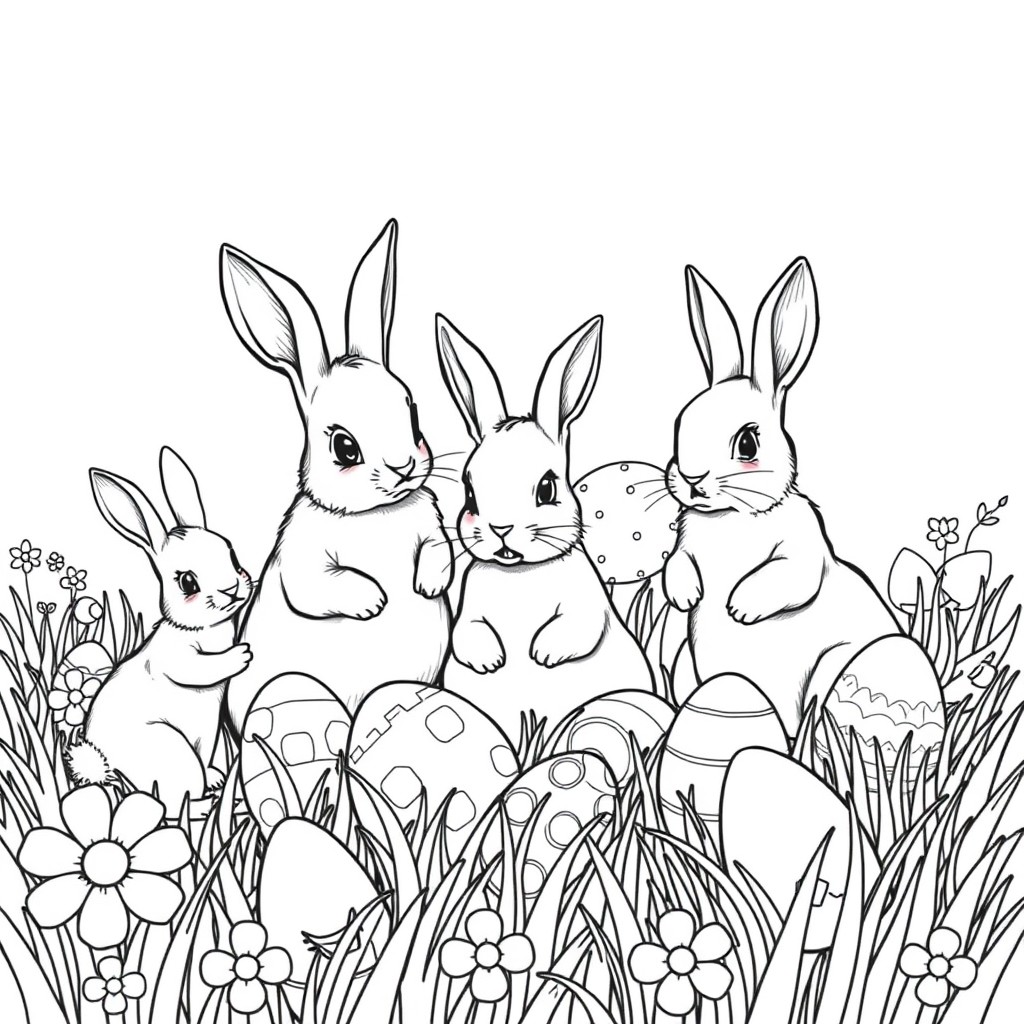 A family of rabbits playing in a field of Easter eggs