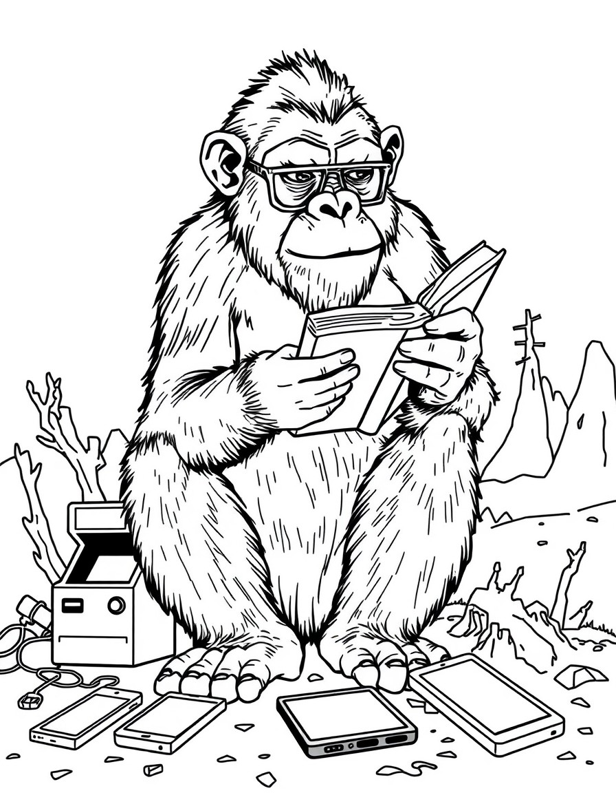 An ape with reading glasses and a book. Surrounded by arcade machines and mobile phones on the ground in an apocalyptic landscape