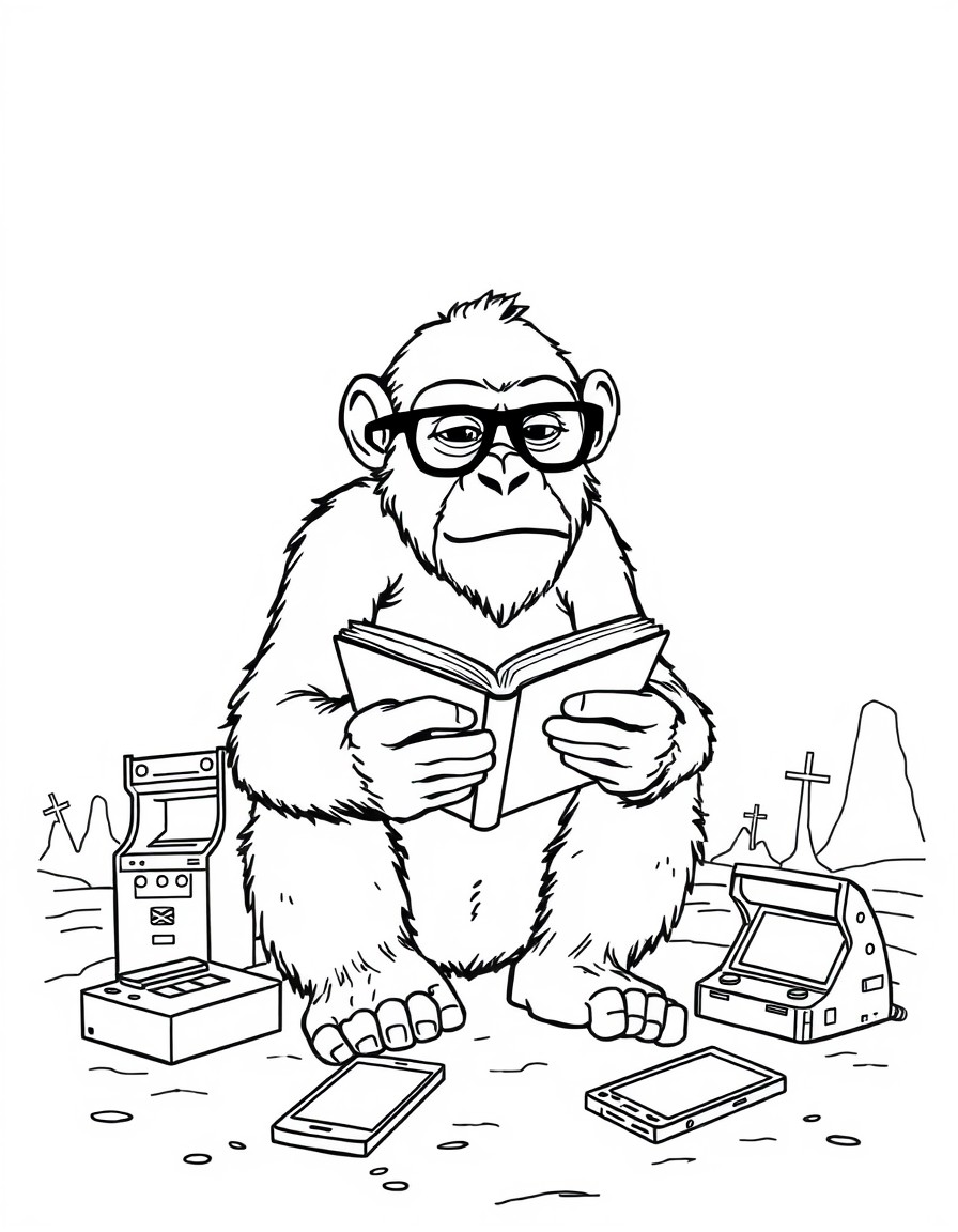 An ape with reading glasses and a book. Surrounded by arcade machines and mobile phones on the ground in an apocalyptic landscape