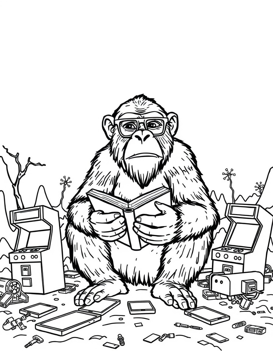 An ape with reading glasses and a book. Surrounded by arcade machines and mobile phones on the ground in an apocalyptic landscape