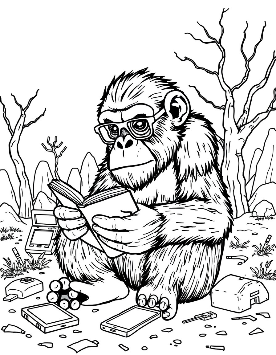 An ape with reading glasses and a book. Surrounded by arcade machines and mobile phones on the ground in an apocalyptic landscape