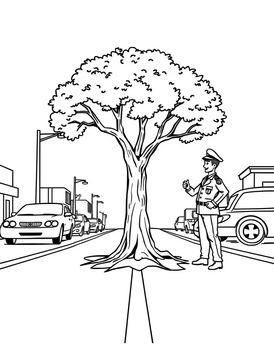 A tree growing in the middle of a street breaking the asphalt and a policeman warning him that he cannot park there