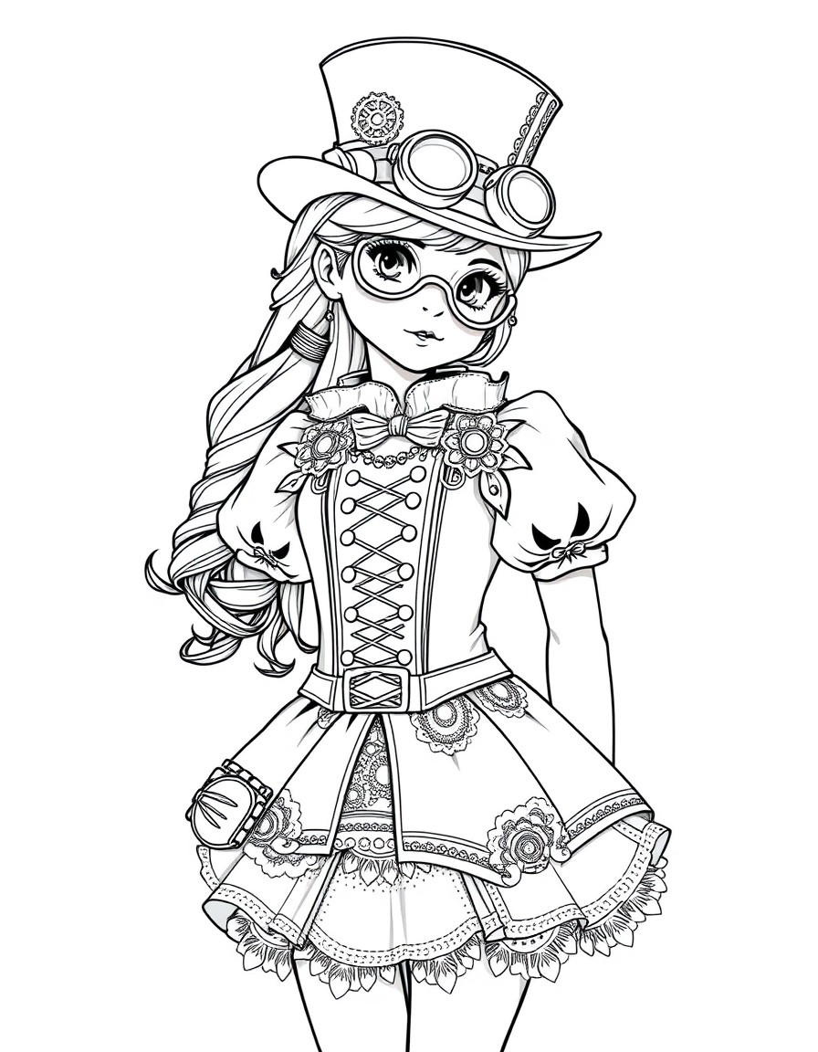 A young girl in an elegant steampunk outfit featuring a corset, puffed sleeves, and a layered skirt with intricate lace and metallic accents. She dons a top hat adorned with gears, goggles, and a vint