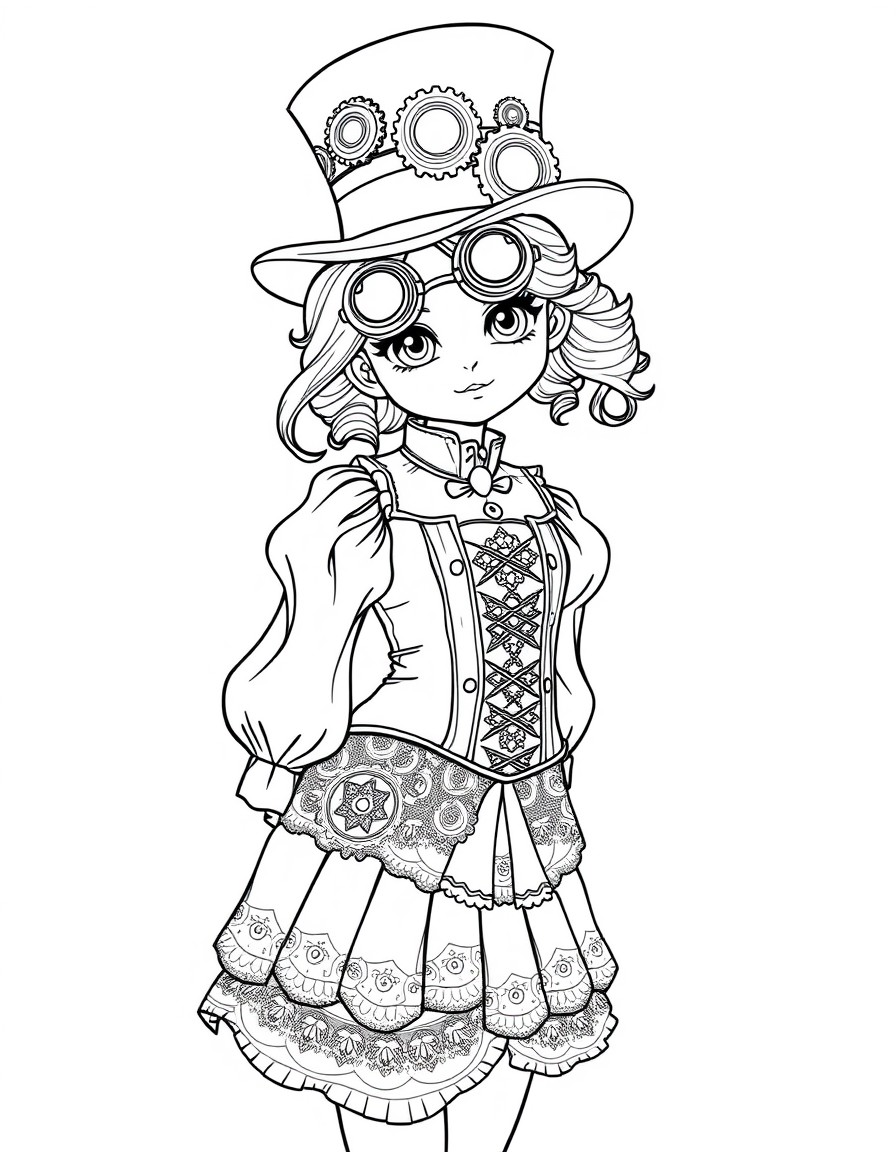 A young girl in an elegant steampunk outfit featuring a corset, puffed sleeves, and a layered skirt with intricate lace and metallic accents. She dons a top hat adorned with gears, goggles, and a vint