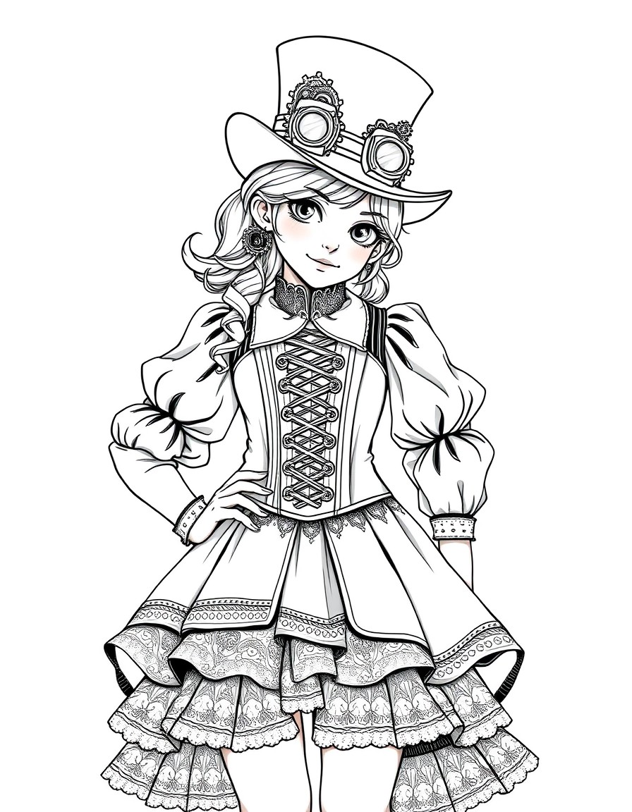 A young girl in an elegant steampunk outfit featuring a corset, puffed sleeves, and a layered skirt with intricate lace and metallic accents. She dons a top hat adorned with gears, goggles, and a vint