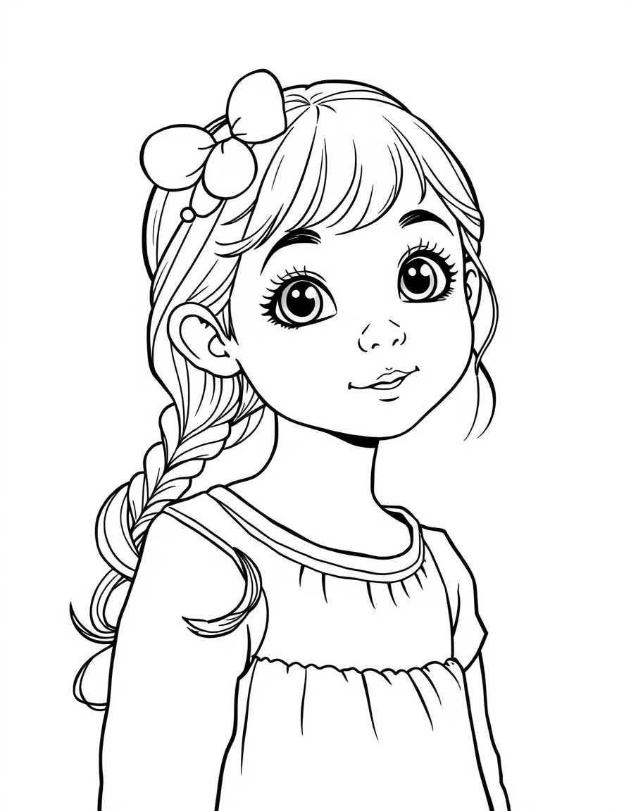 A black-and-white line art illustration for a coloring book in the style of Coco Wyo, designed with thick, clear outlines and playful, easy-to-color sections. The image shows a young girl 5-6 years ol