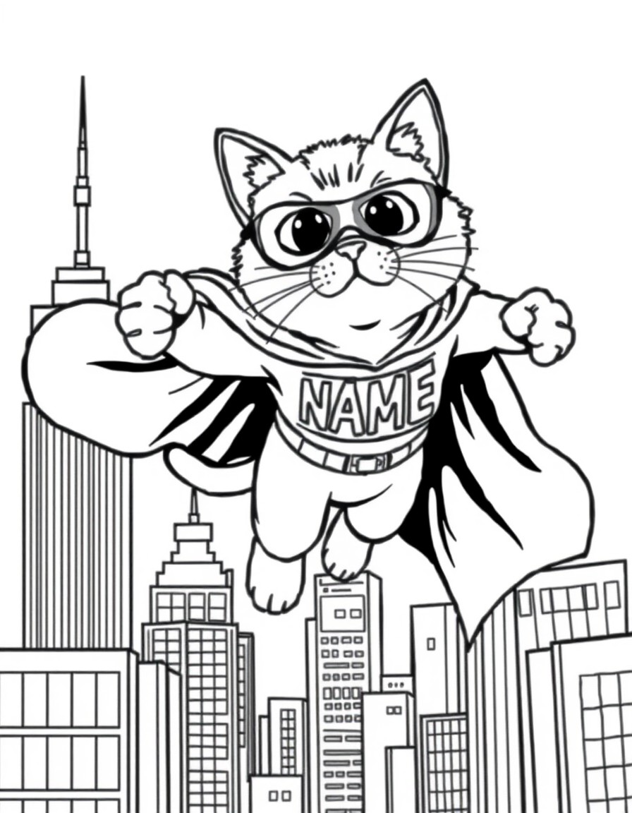 A superhero cat flying above skyscrapers with a cape that displays 'NAME'