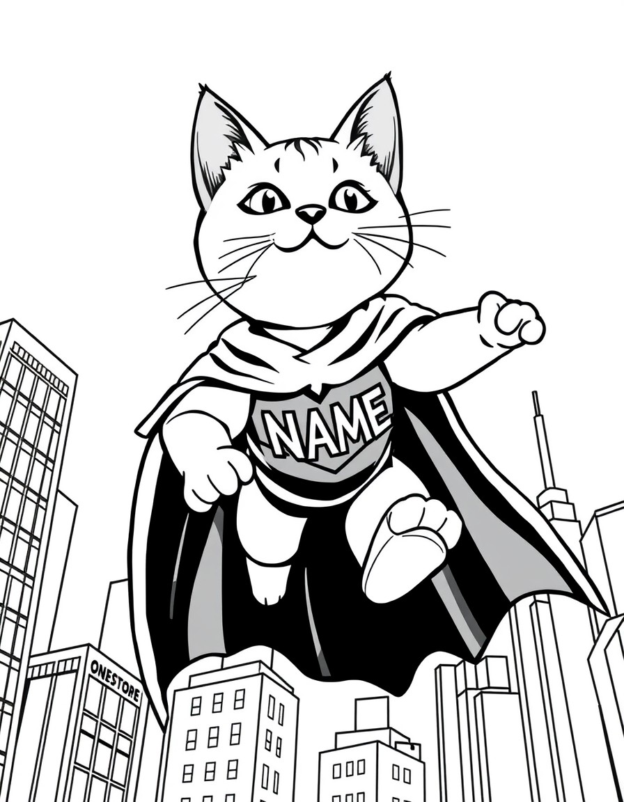 A superhero cat flying above skyscrapers with a cape that displays 'NAME'