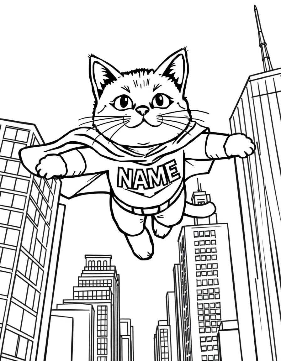A superhero cat flying above skyscrapers with a cape that displays 'NAME'