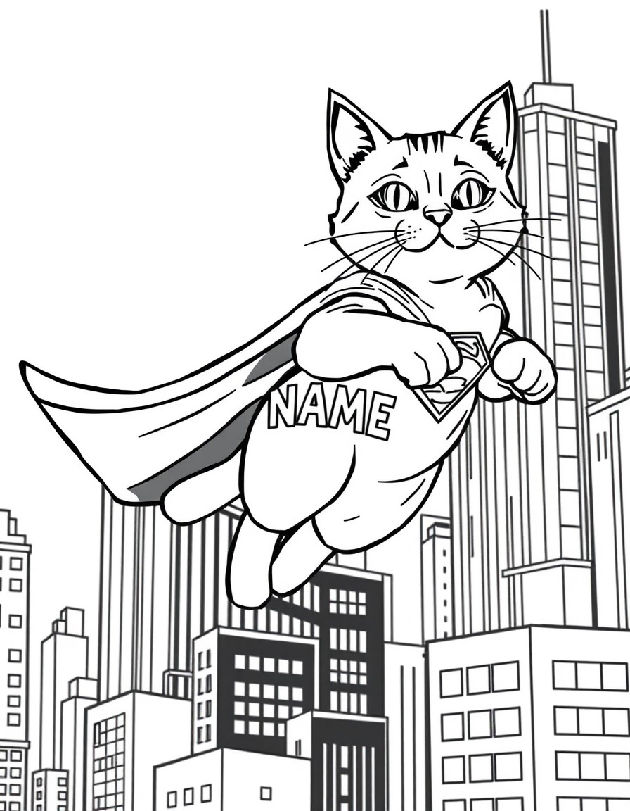 A superhero cat flying above skyscrapers with a cape that displays 'NAME'