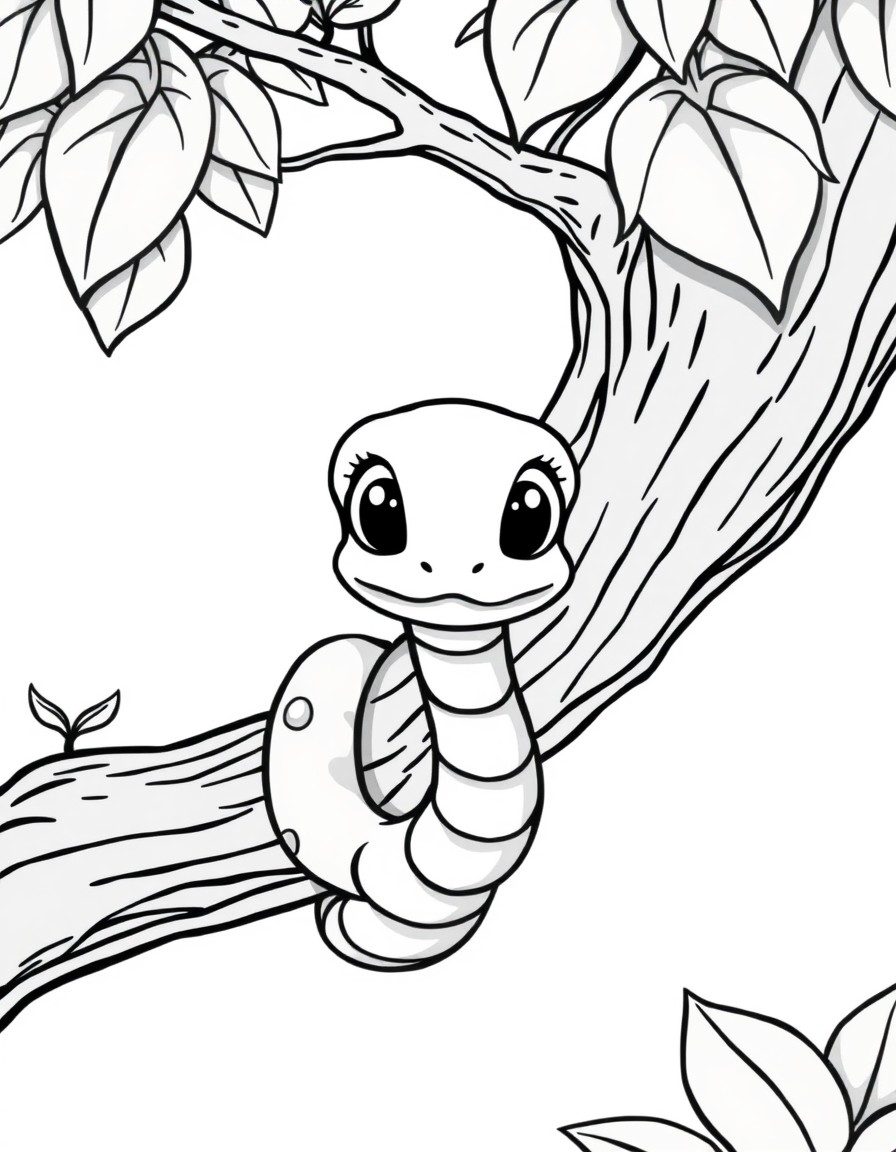 create a cute pixar looking snake hanging from a tree branch and looking forward