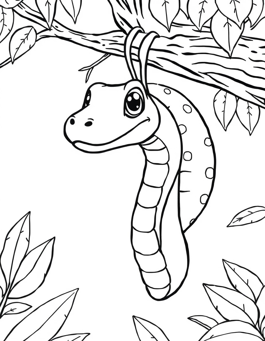 create a cute pixar looking snake hanging from a tree branch and looking forward