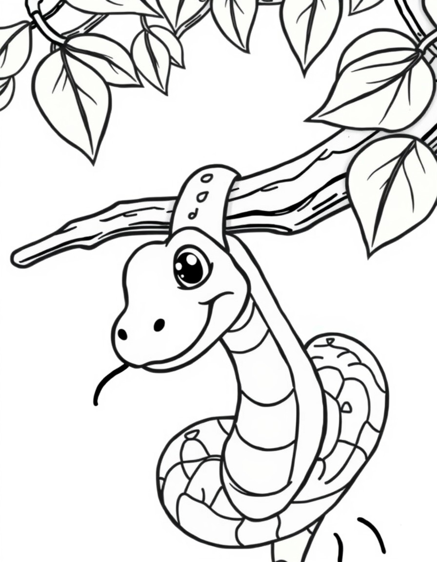 create a cute pixar looking snake hanging from a tree branch and looking forward