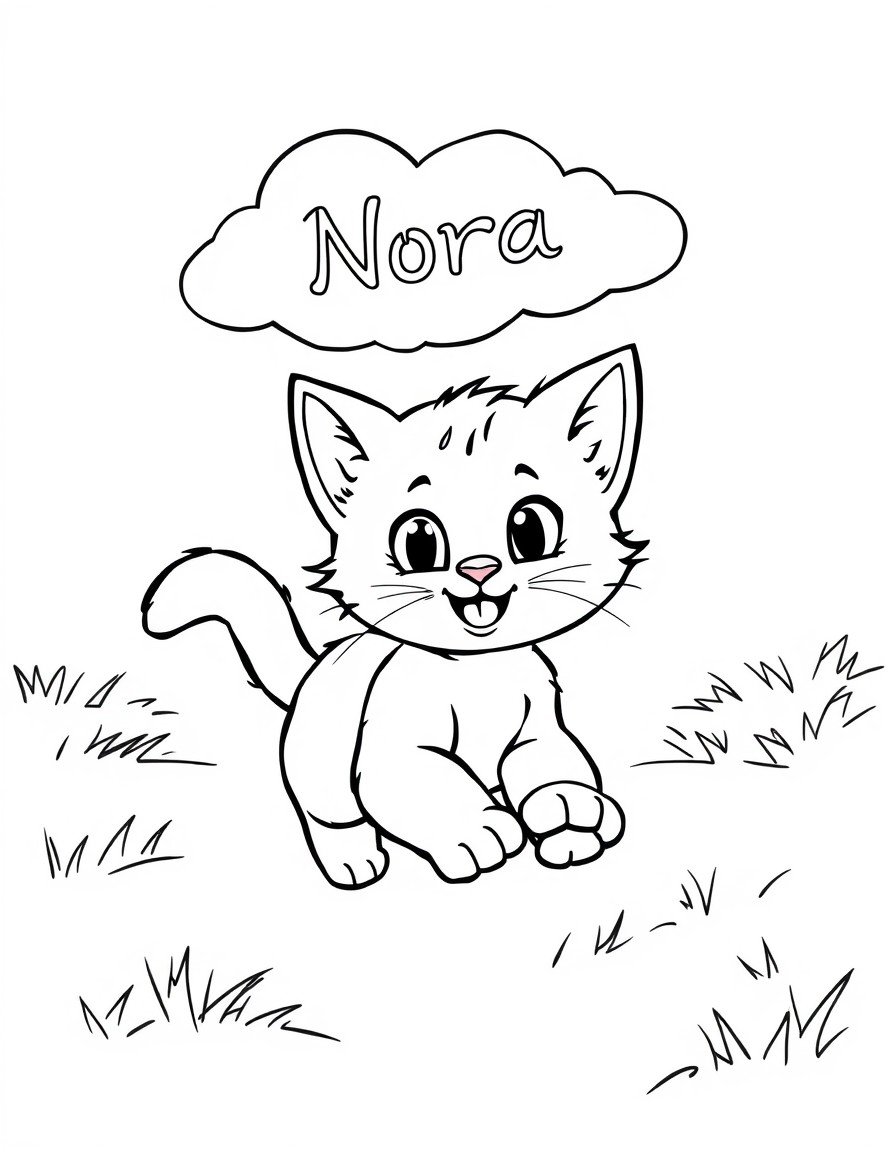 cute kitten running outside with the name Nora in the clouds