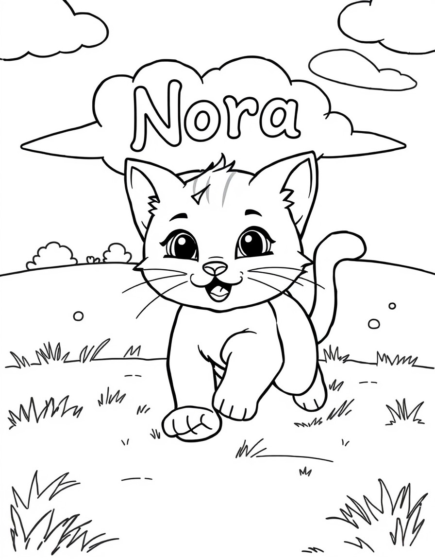 cute kitten running outside with the name Nora in the clouds