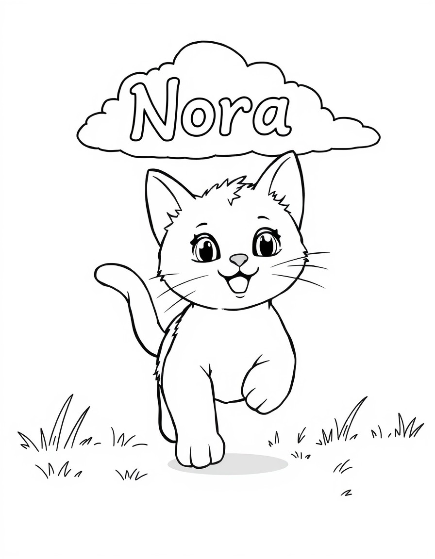 cute kitten running outside with the name Nora in the clouds