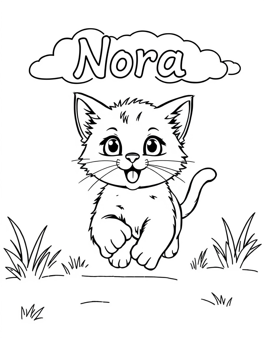 cute kitten running outside with the name Nora in the clouds