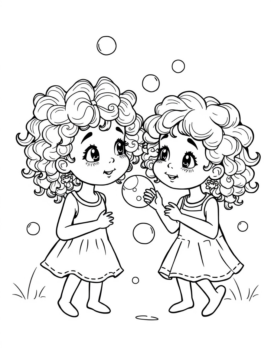 two sisters with curly hair playing with bubbles