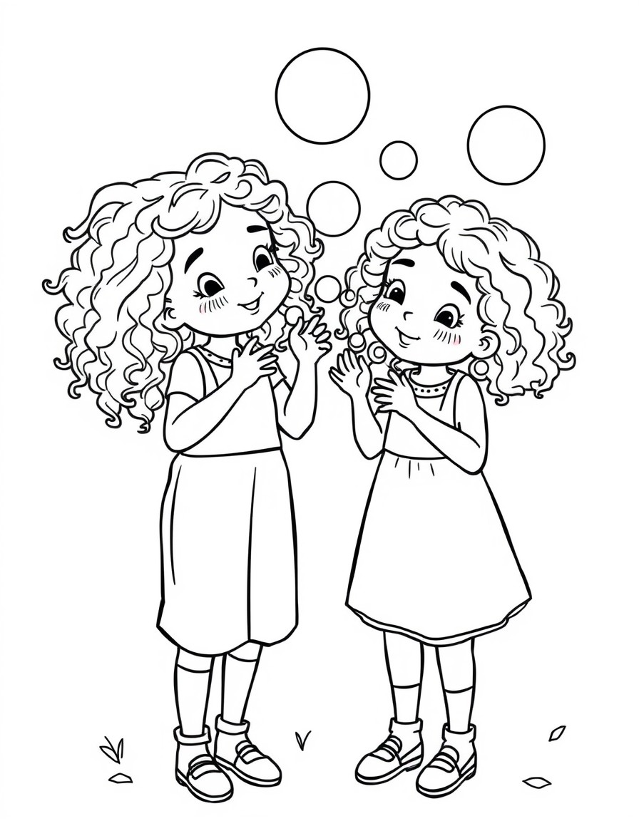 two sisters with curly hair playing with bubbles