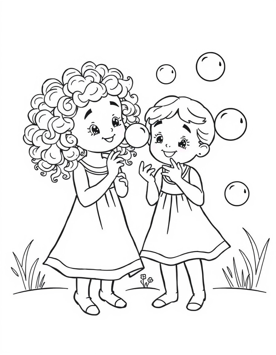 two sisters with curly hair playing with bubbles