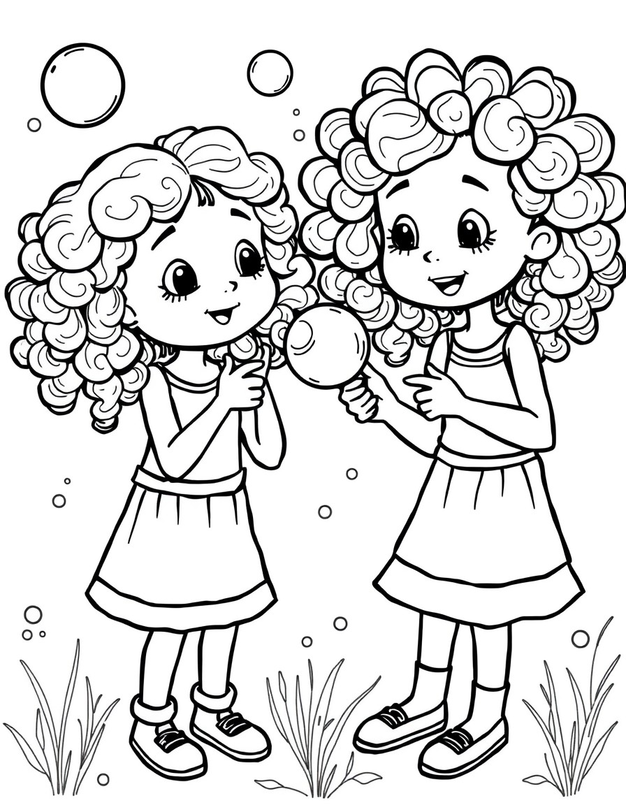 two sisters with curly hair playing with bubbles