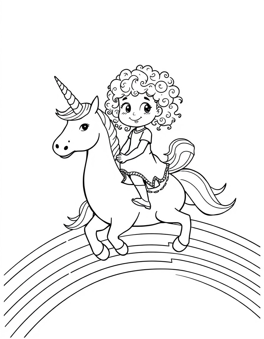 a four year old girl with curly hair riding a unicorn across a rainbow