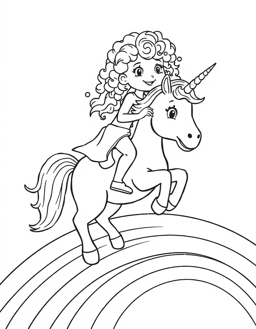 a four year old girl with curly hair riding a unicorn across a rainbow