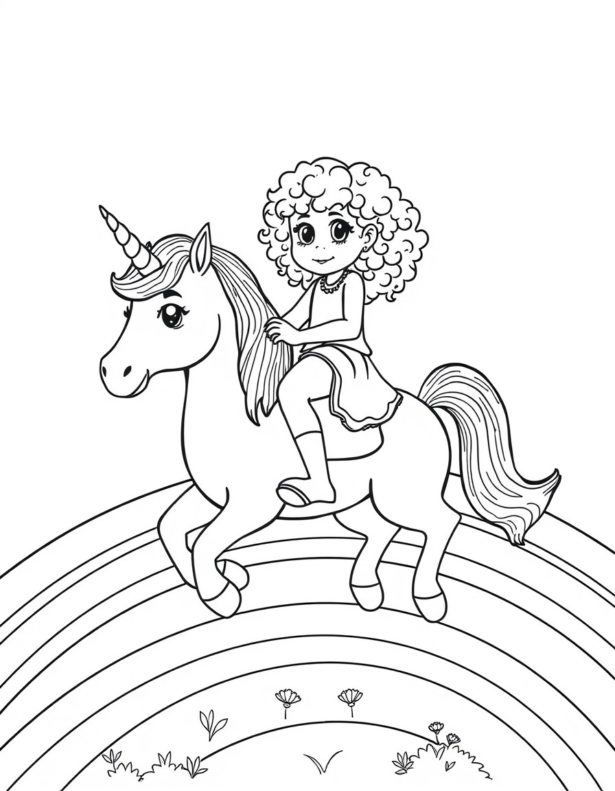 a four year old girl with curly hair riding a unicorn across a rainbow